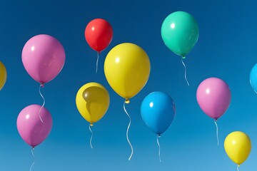 Cheerful helium balloons drifting in a vivid blue sky
