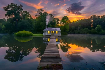 Fototapeten Serenity Amid Nature: A Cozy Cabin by the Sunset-Lit Lake © Lester