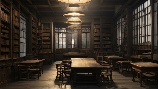 A dark wood library with a large desk and many bookshelves.


