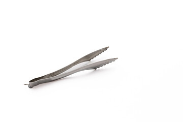 Stainless steel kitchen tongs on white background