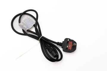 Black power cord with label isolated on white background