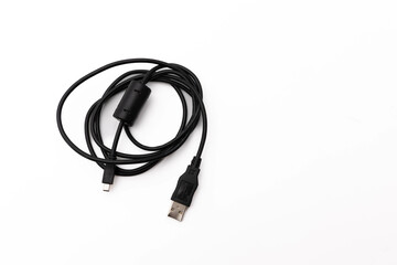Black usb-c charging cable isolated on white background