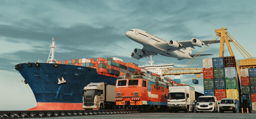 Logistics import export of containers cargo freight ship, truck transport container on highway at port cargo shipping dock yard , plane, transportation industry concept. - obrazy, fototapety, plakaty