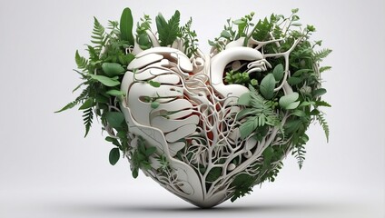 A 3D rendering of a heart made of white material covered in green leaves and vines.

