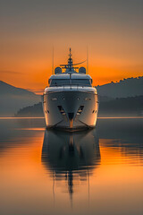 Breathtaking Image of Luxury Yacht Sailing in Tranquil Waters Under the Glowing Sunset