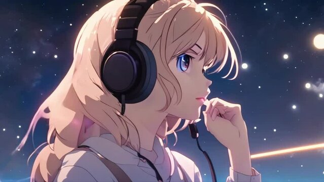 lofi girl listening to music, anime girl with headphones looking outside,  cityscape view,  style lofi anime animation animation seamless loop motion graphics. Created using Generative AI