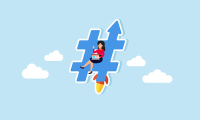 Utilizing popular hashtags for effective digital marketing strategy, concept of A young marketer navigating trending hashtags with a laptop rocketing upward