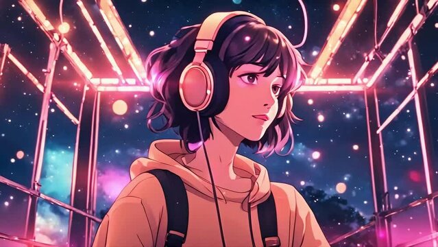 Lofi animation 3d cartoon character girl listening to music in animation style, anime girl animation, lofi girl music, relaxing mind, - Seamless loop animation, created using AI Generative Technology