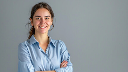 Happy young smiling confident professional business woman wearing blue shirt, pretty stylish female executive looking at camera, standing arms crossed isolated at gray background, Generative AI