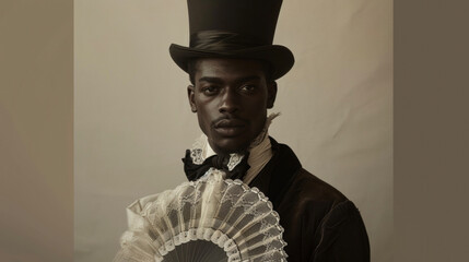 In this portrait a black man wears a fitted frock coat and top hat embodying the refined style of Victorian gentlemen. However his choice of accessories including a lace ascot and . - obrazy, fototapety, plakaty