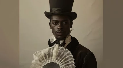 Fototapeten In this portrait a black man wears a fitted frock coat and top hat embodying the refined style of Victorian gentlemen. However his choice of accessories including a lace ascot and . © Justlight