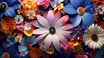 3D colorful flowers in wide border. Wallpaper pattern of colorful flowers background.
