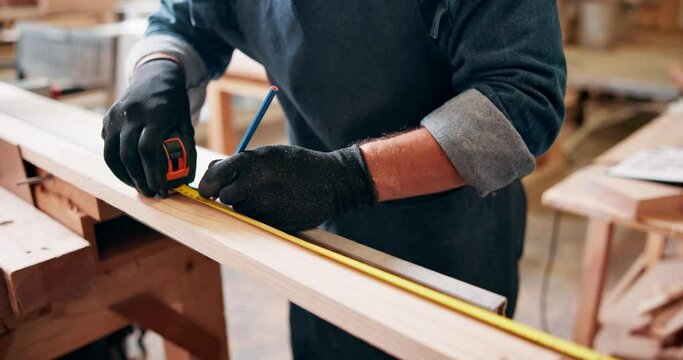 Workshop, wood and male carpenter for construction, project and woodwork with measurement. Lumber, equipment and material for build for contractor, repair and handyman for small furniture business