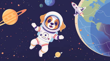 astronaut puppy dog fly in space galaxy in suit with view of rocket, earth planet, star behind as funny animal dog fantasy universe and science vector background