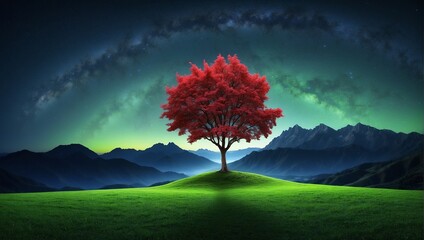 A single red tree stands in a grassy field with mountains in the distance and an aurora in the sky.

