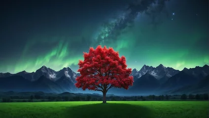 Foto op Canvas A single red tree stands in a grassy field with mountains in the distance and an aurora in the sky.   © Awais