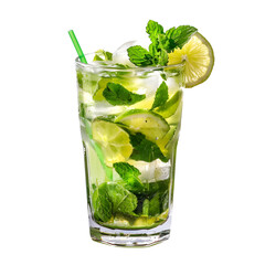 mojito with lemon slice, mint and ice, with transparent background