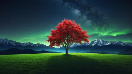 Foto op Plexiglas A single red tree stands in a grassy field with mountains in the distance and an aurora in the sky.   © Awais