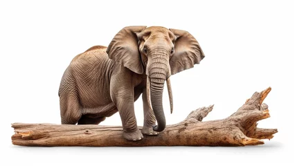 Foto op Canvas Elephant sitting on wooden log isolated on white background. © Alpa