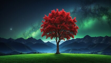 A single red tree stands in a grassy field with mountains in the distance and an aurora in the sky.

