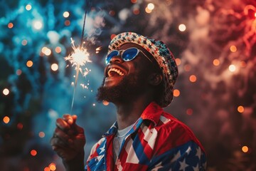 Exuberant man in American flag attire enjoying Fourth of July fireworks with a sparkler - obrazy, fototapety, plakaty