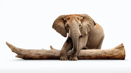 Elephant sitting on wooden log isolated on white background. © Alpa