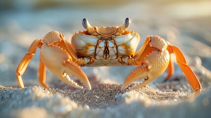 Crab Crawling Across Sandy Beach, Freeze the sideways scuttle of a crab as it crawls across a sandy beach, its shell glistening in the sunlight