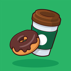 Cup of coffee and a chocolate donut cartoon illustration