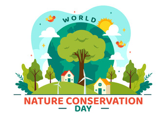 World Nature Conservation Day Vector Illustration with World Map, Tree and Eco Friendly Ecology for Preservation in Flat Cartoon Background