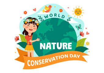 World Nature Conservation Day Vector Illustration with World Map, Tree and Eco Friendly Ecology for Preservation in Flat Cartoon Background