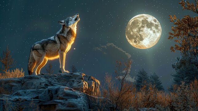 Lone Wolf Howling at the Moon, Freeze the hauntingly beautiful moment of a lone wolf howling at the moon, evoking a sense of mystery and solitude