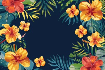 Fototapeta na wymiar Lush tropical flowers framing a central deep blue space, perfect for summer themes with vibrant hibiscus and frangipani