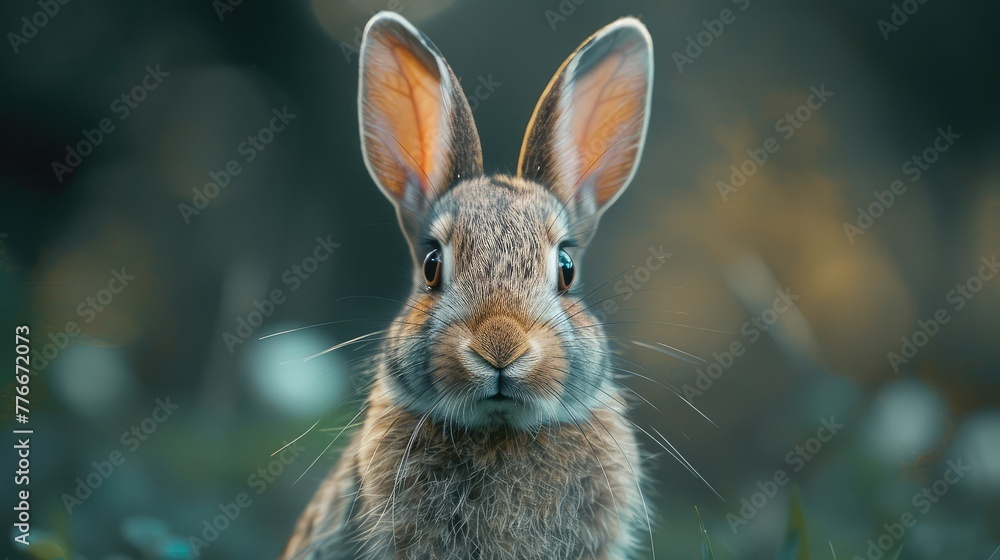 Wall mural Rabbit Innocent, Photograph a rabbit with its ears perked up, portraying its curious and innocent demeanor as it explores its environment