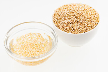 Glass bowl with quinoa seeds mixed with water - Chenopodium quinoa