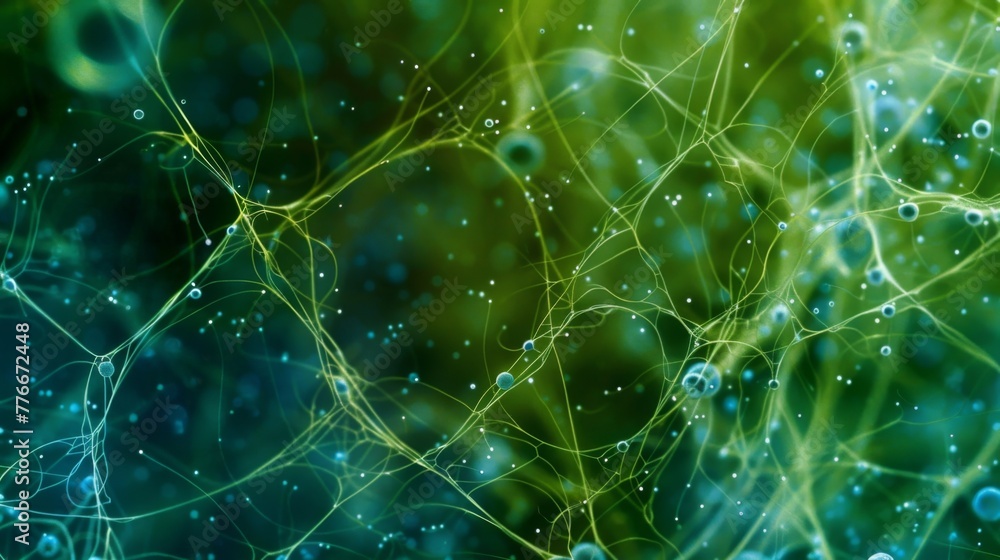 Poster a network of thin threadlike cyanobacteria filaments resembling a web connecting different organic m
