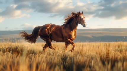 Horse Galloping in Open Fields, Freeze the exhilarating movement of a horse galloping freely in an open field, mane and tail flowing in the wind - obrazy, fototapety, plakaty
