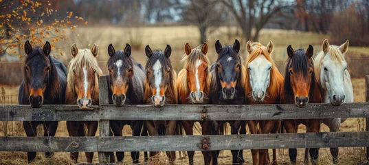 Fotobehang horses putting their heads together, equestrian group, horses on a field behind a fence. © ryanbagoez