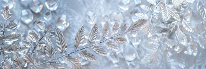 Fern fronds are crystallized, each leaf a clear, faceted gemstone, set against a backdrop of soft metallic silver, a serene, enchanted forest floor created with Generative AI Technology