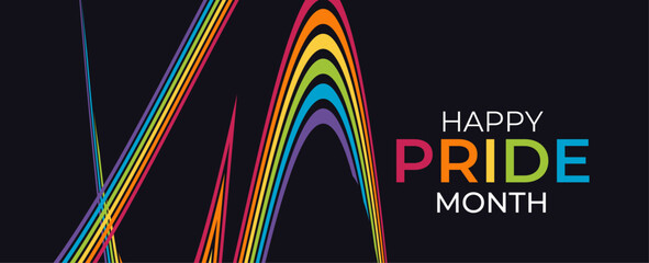 Happy pride month paper text and rainbow gradient brush strokes on black background. Human rights or diversity concept. LGBT event banner design. banner, poster, campaigns, USA. Vector illustration - obrazy, fototapety, plakaty