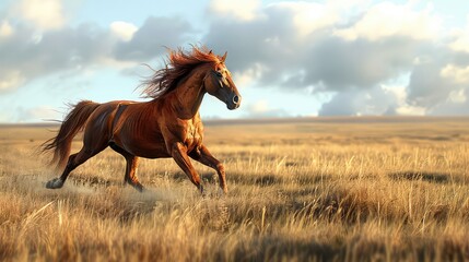 Horse Galloping in Open Fields, Freeze the exhilarating movement of a horse galloping freely in an open field, mane and tail flowing in the wind