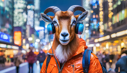 Fashionable mountain goat with blue eyes enjoying city beats	
