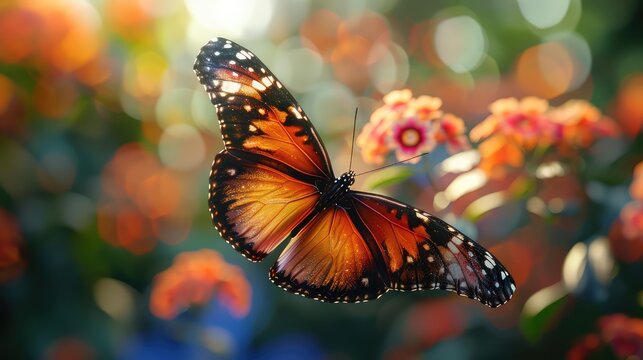 Butterfly in Mid-Flight, Freeze the delicate beauty of a butterfly in mid-flight, with its vibrant wings spread wide against a blurred background