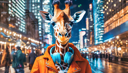 Fototapeta na wymiar Giraffe in raincoat enjoys the rainy cityscape with music 