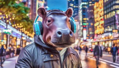 Hip hippo with headphones in city night lights	