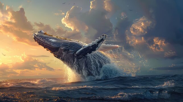 Whale Breaching the Surface, Capture the awe-inspiring sight of a whale breaching the ocean's surface, creating a dramatic splash against the horizon - Powered by Adobe