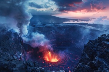 Majestic Volcanic Eruption at Twilight with Lava Flow and Smoke Under Moody Skies