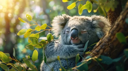 Foto op Canvas Koala Cuddling a Eucalyptus Branch, Highlight the adorable nature of koalas by capturing one snuggled up to a eucalyptus branch, its favorite food source © jamrut