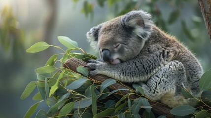 Koala Cuddling a Eucalyptus Branch, Highlight the adorable nature of koalas by capturing one snuggled up to a eucalyptus branch, its favorite food source