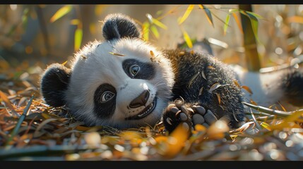 Fototapeta premium Panda's Playful Pose, Freeze a panda in a candid moment of playfulness, perhaps rolling on its back or munching on bamboo, showcasing its endearing charm