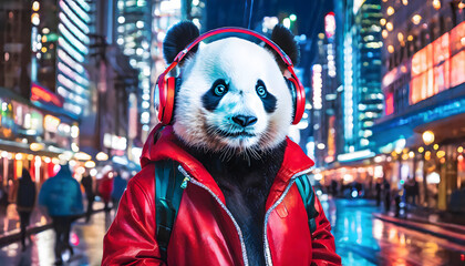 Panda in red leather jacket with headphones on neon-lit street	